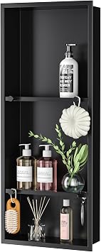 Stainless Steel Shower Niche w/Hooks, Wall Vertical Niche Without Tiling, Recessed Shower Shelf for Bathroom Storage, Over-Mount Installation Black, 12 x 30