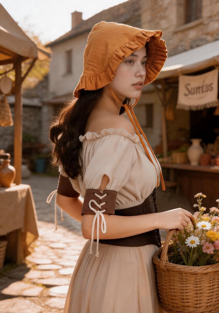 Medieval Renaissance Hats for Women Vintage Victorian Bonnet Ruffle Brim Colonial Headwear Cosplay Accessory