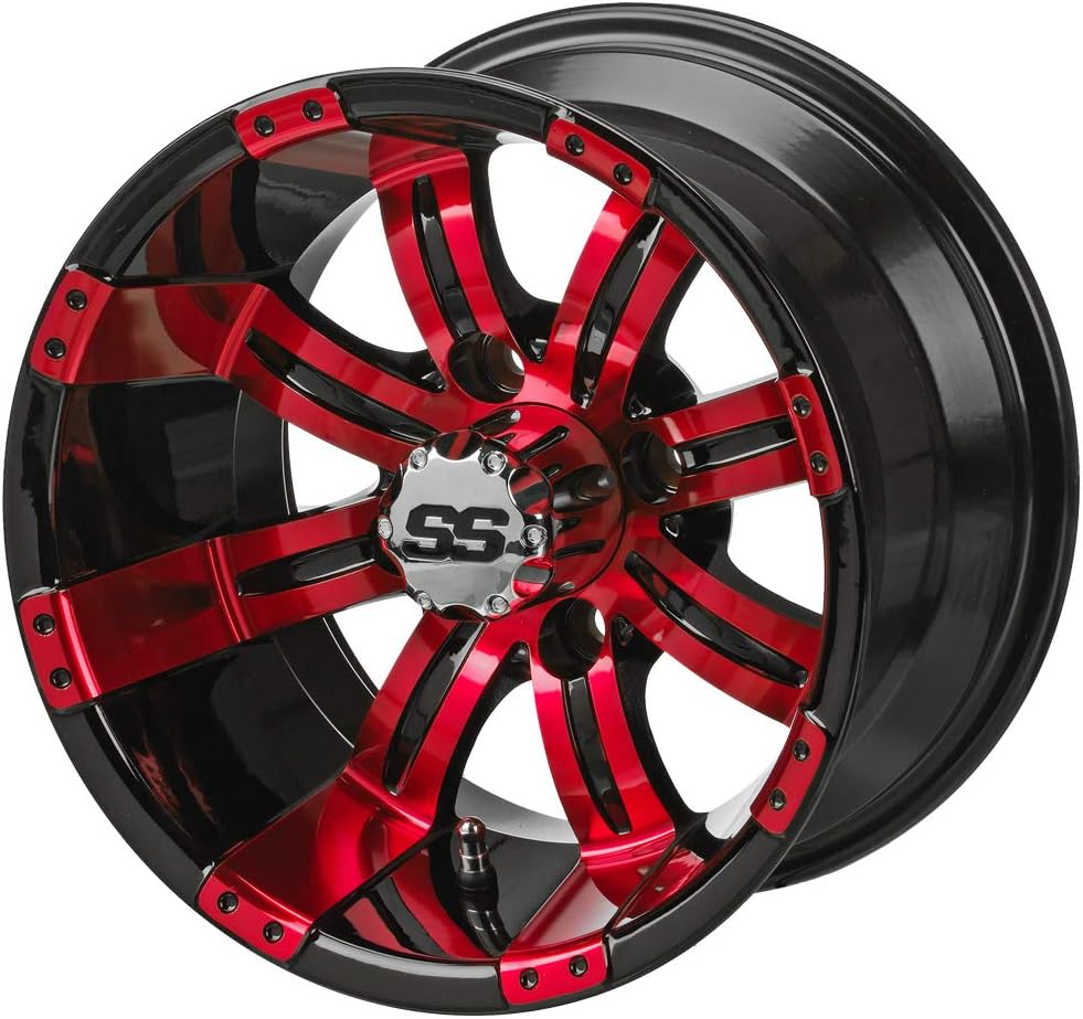 RM Cart 12" Casino Black/Red on 20x10R12 Sierra Rover Radial Tires (Set of 4) | Golf Cart Tires and Wheels Combo with Metric Lug Nuts