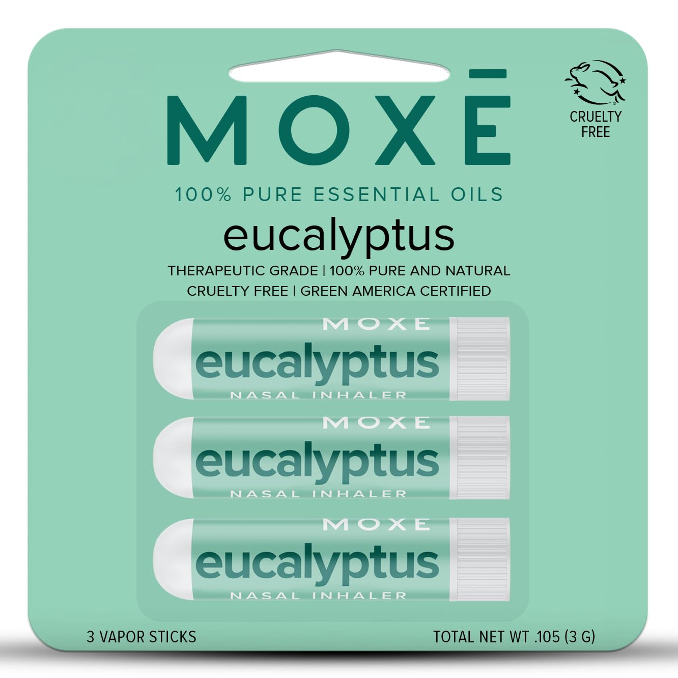 MOXĒ Eucalyptus Essential Oil Nasal Inhaler, Sinus & Congestion Relief, Daily Relaxation, Stress Relief, Therapeutic No-Mess Aromatherapy, Pure and Natural, Made in USA (3 Pack) packaging may vary
