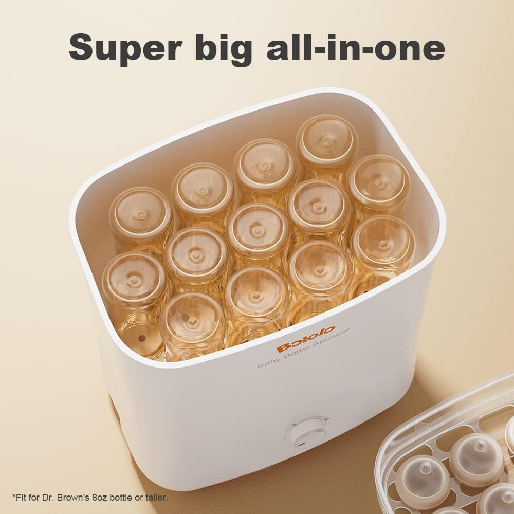 Bololo Baby Bottle Sterilizer and Dryer loaded with multiple baby bottles, demonstrating its large capacity.