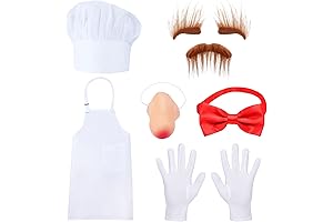 White Cook Costume Includes Chef Hat Apron, Bow tie, Gloves, Fake Nose, Eyebrows, Beard