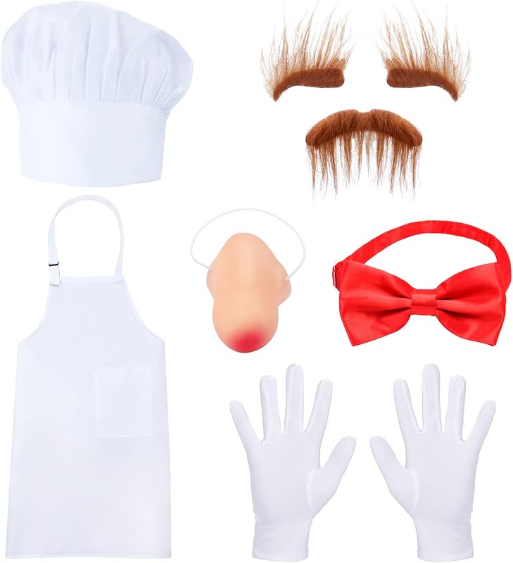 Disfraces de chef blanco Keymall 6 piezas incluyendo sombrero de chef delantal corbata de lazo guantes nariz falsa cejas barba para disfraz de Halloween