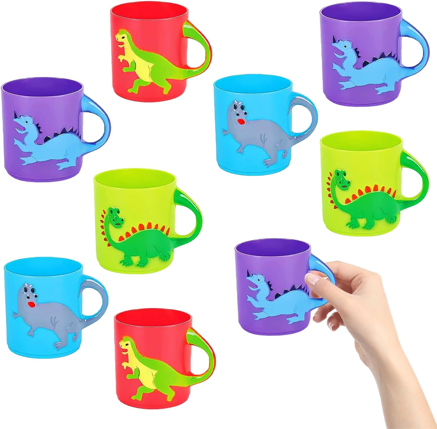 Chochkees Plastic Dinosaur Mugs 12-Pack, Assorted Colors and Designs, Unique Table Decorations Party Favor