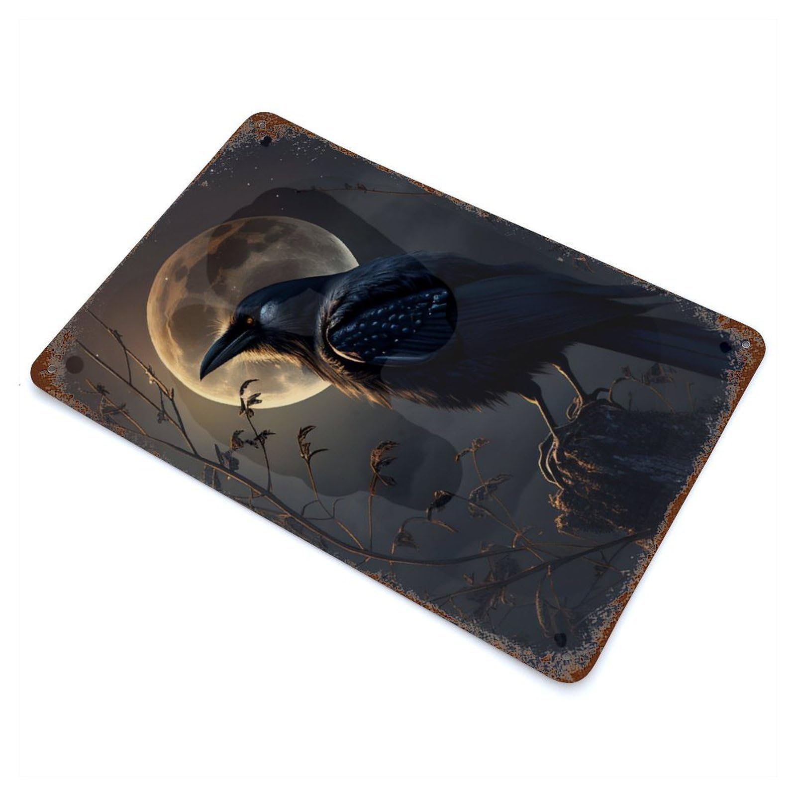 Raven Night Moon Vintage Wall Sign 11.8"x7.9", Rust Effect Metal Decor for Living Room, Hallway And Home Decor