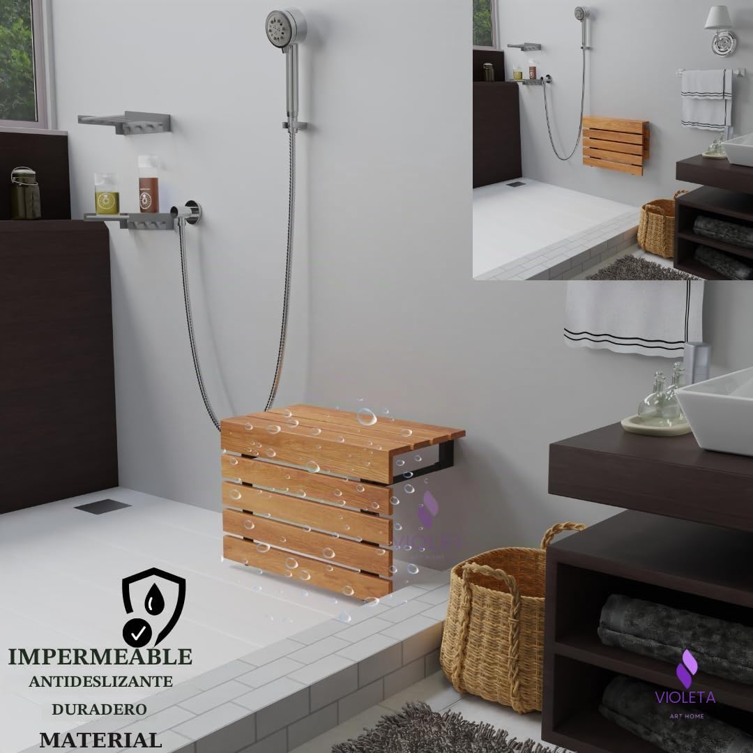 20" Asiento de ducha plegable de madera de teca grande montado en la pared, hecho a mano, banco de baño resistente y que cumple con ADA, taburete de baño robusto y que ahorra espacio, silla compacta y