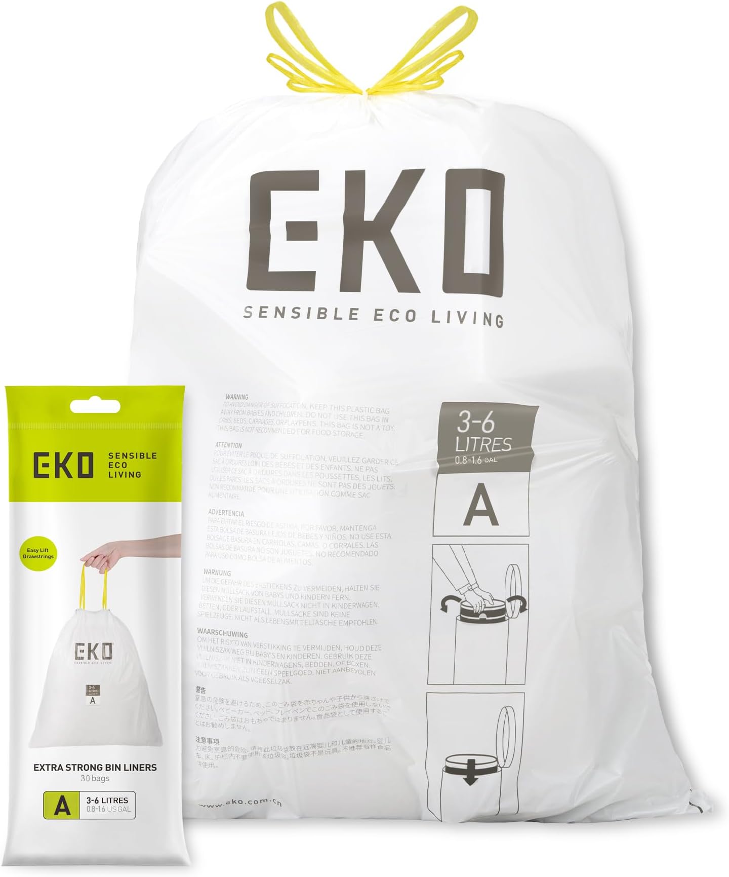 EKO 3-6 Litre Drawstring Bin Bags, Heavy Duty Bin Liners for Small Kitchen and Bathroom Bins, Leakproof and Tear-Resistant for Waste & Recycling, Unscented Food Waste Bags, 30 Count, Code A, White
