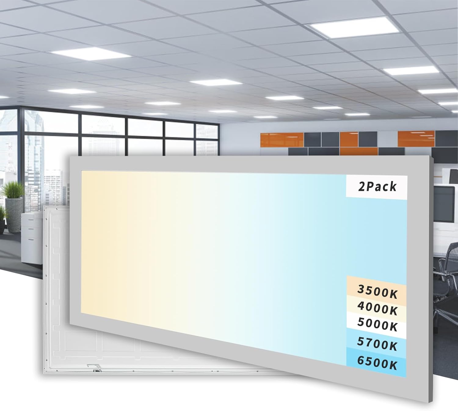 2 Pack 2x4 LED Flat Panel Light, 5 CCT 5 Power Modes Adjustable LED Ceiling Lights, 50W/6250LM Recessed Drop Ceiling Lights Fixtures, 0-10V Dimmable Troffer Back-lit Light ETL,FCC