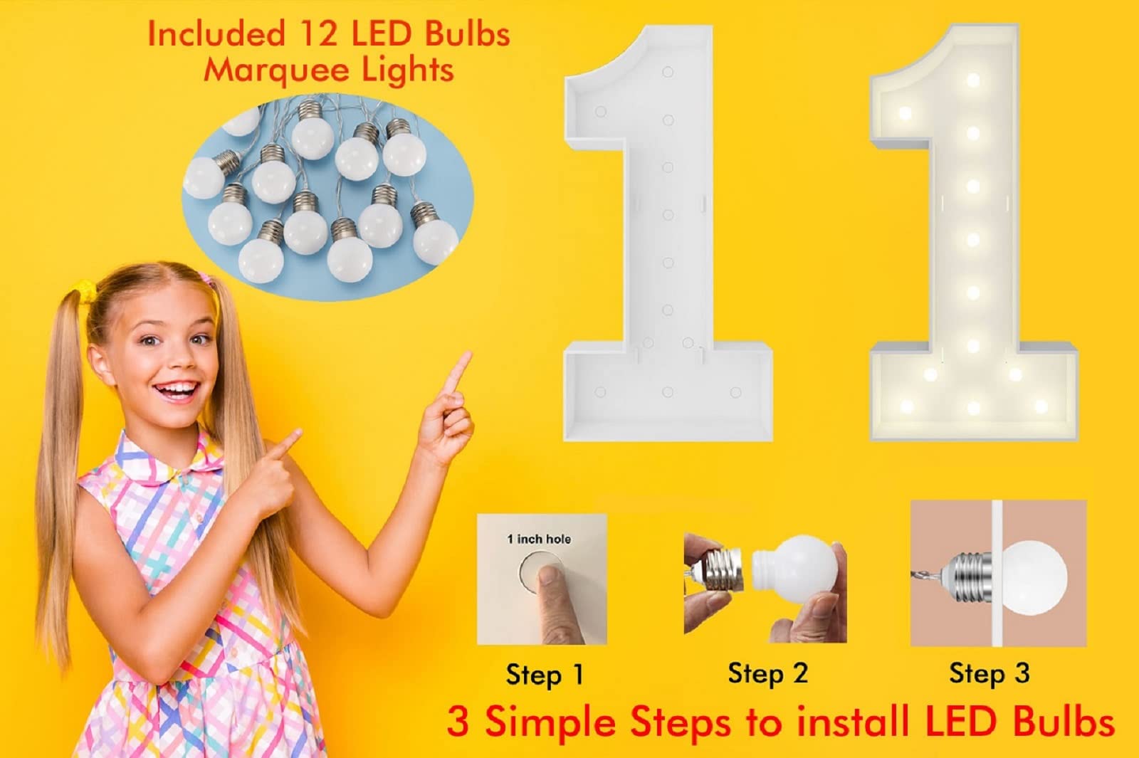 JoyBox Design 4FT Marquee Light Up Numbers Pre-Cut Frame Giant Marquee Numbers 1, Mosaic Numbers for Balloons, First 1st 21st Birthday Anniversary Decorations Party Decor