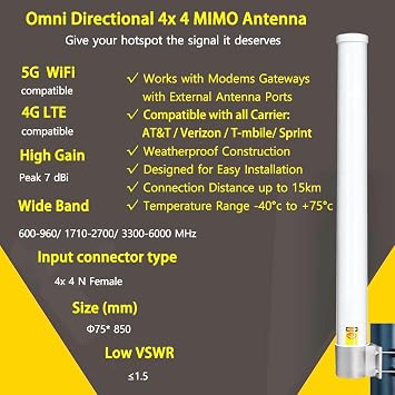 Omni 4x4 MIMO 5G Antenna for T-Mobile, Outdoor 4G LTE Antennas N71 Cellular Hotspots Router Gateways, 600-6000MHz, 10meter Cable SMA