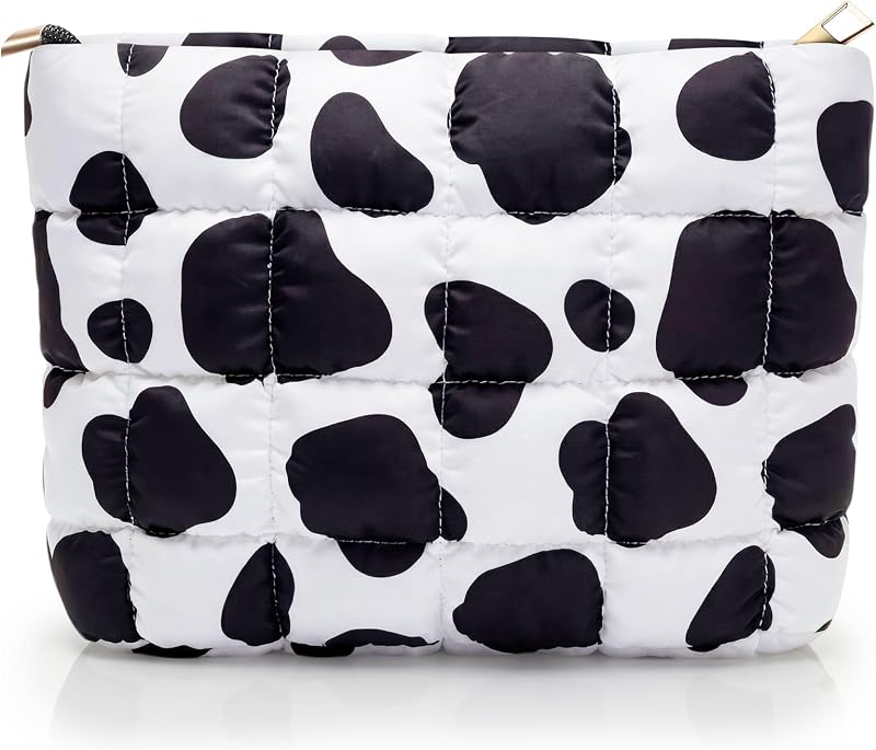 Hillban Necessaire de Maquiagem Matelassê com Estampa de Vaca em Preto e Branco, 1 Unidade