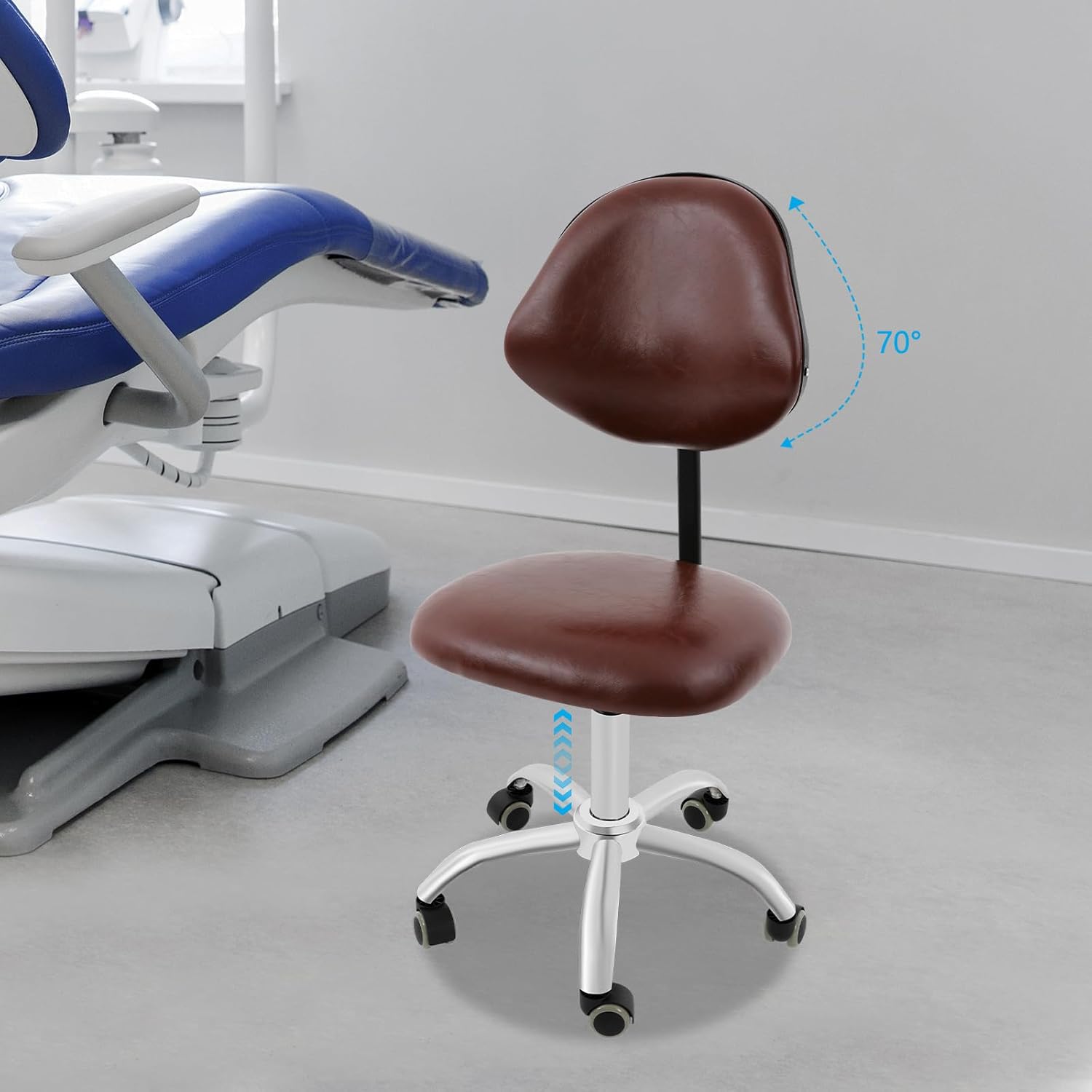 Ergonomic Rolling Stool Chair with Backrest, Adjustable Saddle Chair Stool with Wheels, Rolling Swivel for Beauty Salon (Brown)