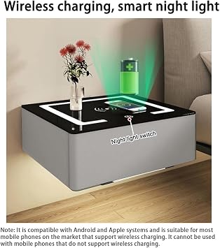 Wall Mounted Bedside Table with Drawer, Floating Nightstand with Wireless Charging and Smart Light, Solid Wood Frame, Modern Bed Side Table(White,48cm/19in)