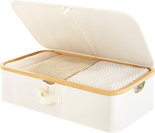 StorageWorks Caja de almacenamiento debajo de la cama con marco de bambú, contenedor abatible de 42 litros debajo de la cama para mantas, sábanas,