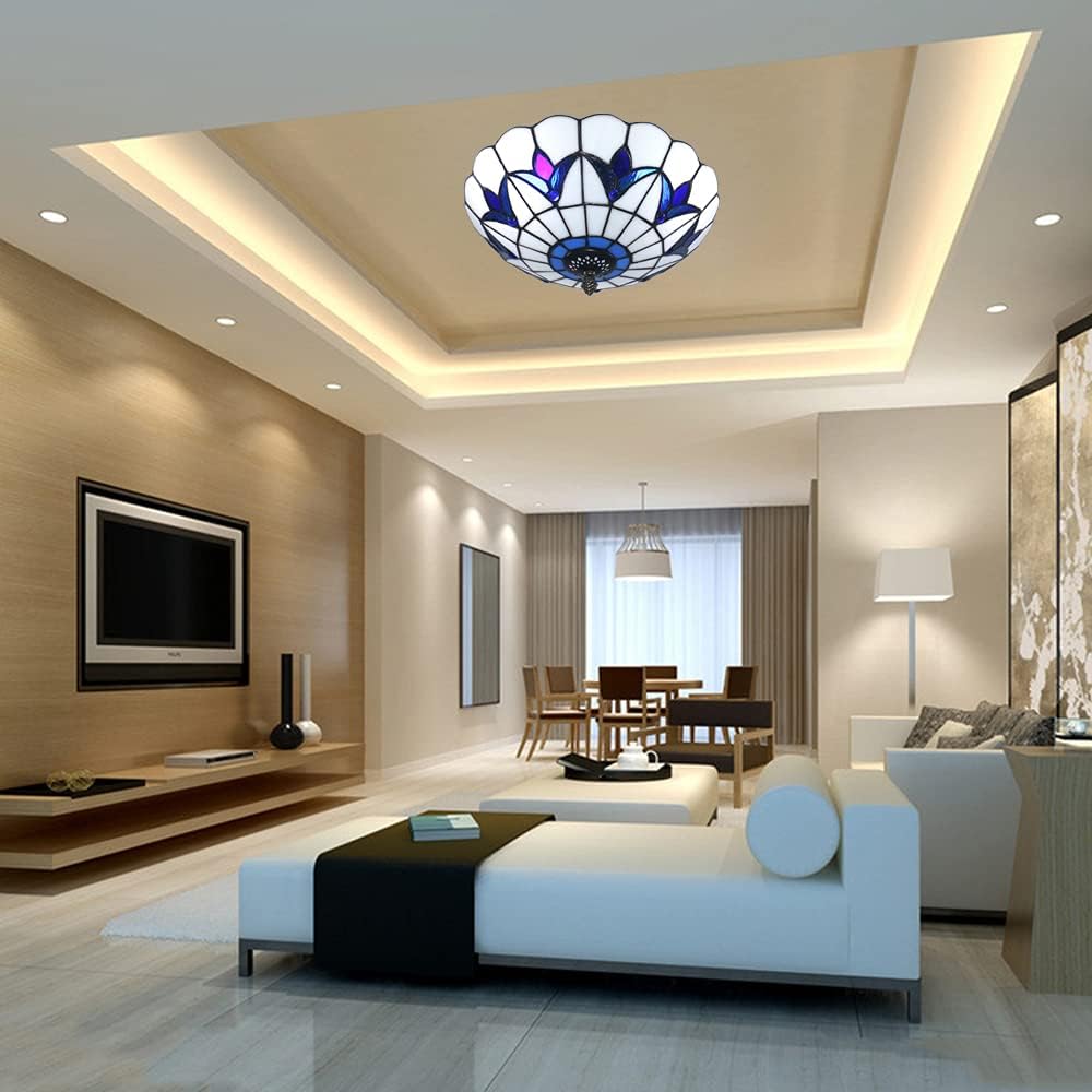 16 Inch Vintage Chandeliers Light Tiffany Style Ceiling Light Stained Glass Flush Mount Ceiling Lighting Fixture Lamp (16 Inch White Blue)