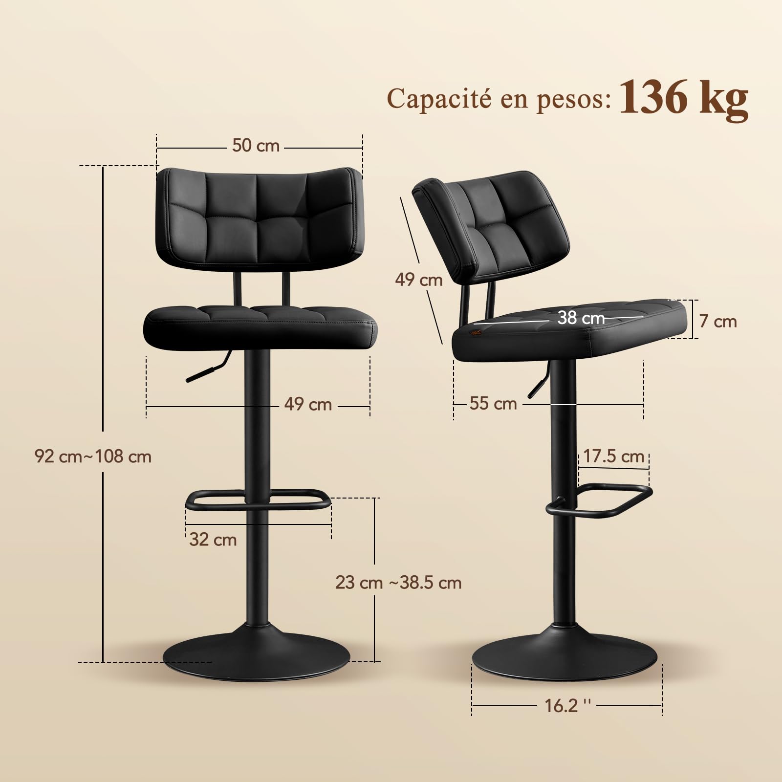 Lot de 2 Tabourets de Bar Noir - Bar Réglables en Hauteur Modernes, Chaise de Bar Chaise Haute Bar- Tabouret Ilot Central Cuisine, avec Dossier et Repose-Pieds, Salle à Manger, PU