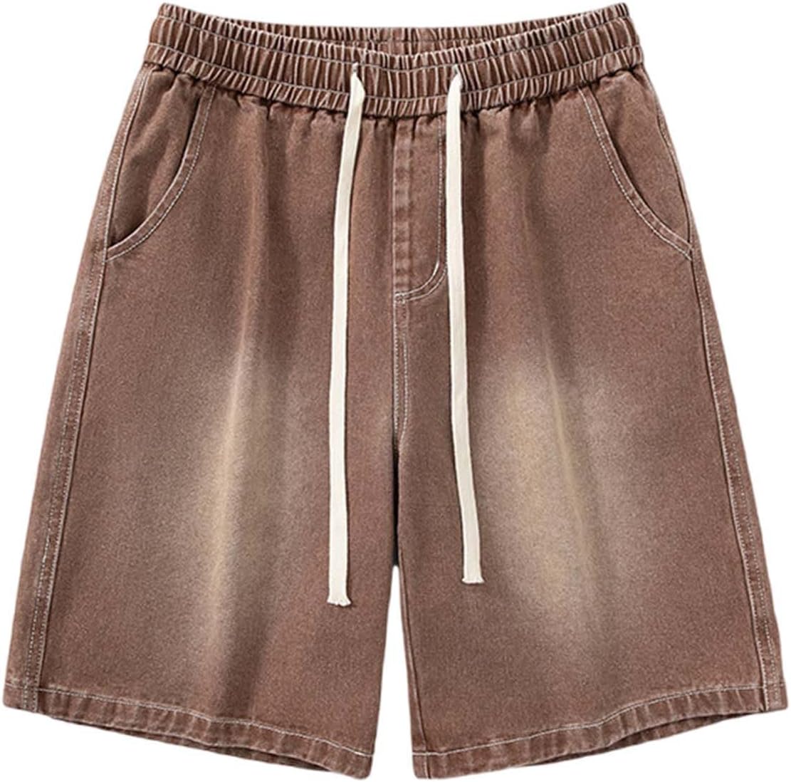 Mens Casual Denim Jeans Shorts Drawstring– Mid Waist, Loose Fit, Summer Streetwear, Solid Color, Multiple Pockets, Ideal for Hiking, Beach, and Everyday Wear