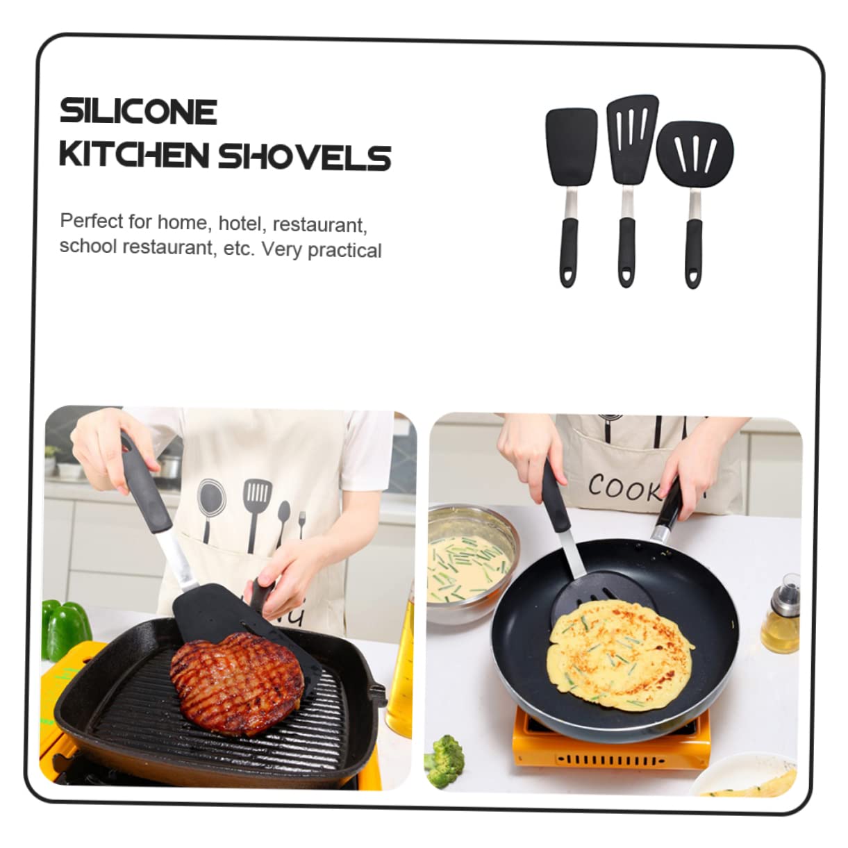 Set di 3 Spatole in Silicone Nero per Cucina e Bistecca