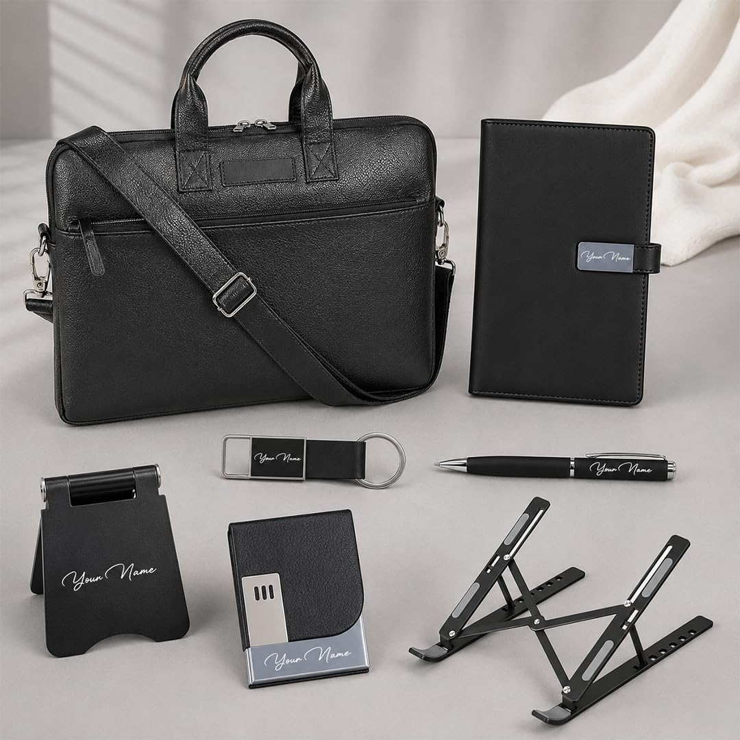 Giftana 7 in 1 Laptop Bag and Adjustable Laptop Stand, Personalized Diary, Pen, Keychain, Card Holder & Mobile Stand Gift Set for Men & Women, Employee Welcome Kit,Corporate Gift for Employees (Black)