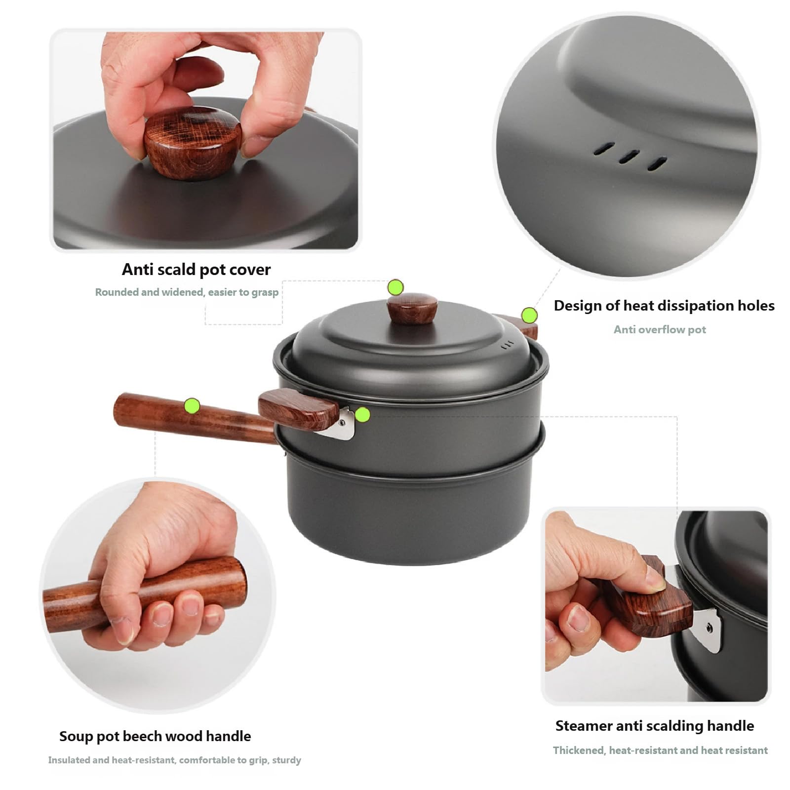 Multifunktionale Camping Kochtöpfe, Kochgeschirr mit ergonomischem Holzgriff, tragbare Outdoor Kochutensilien, langlebige Outdoor Kochutensilien