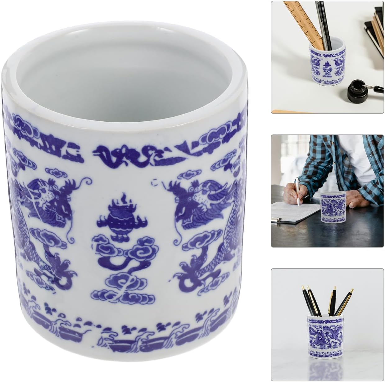Ceramic Pencil Holder Pen Storage Container, Multifunctional Desktop Organizer for Home Office School, Blue White Decorative Pen Holder, 4.72 X 3.93 Inches