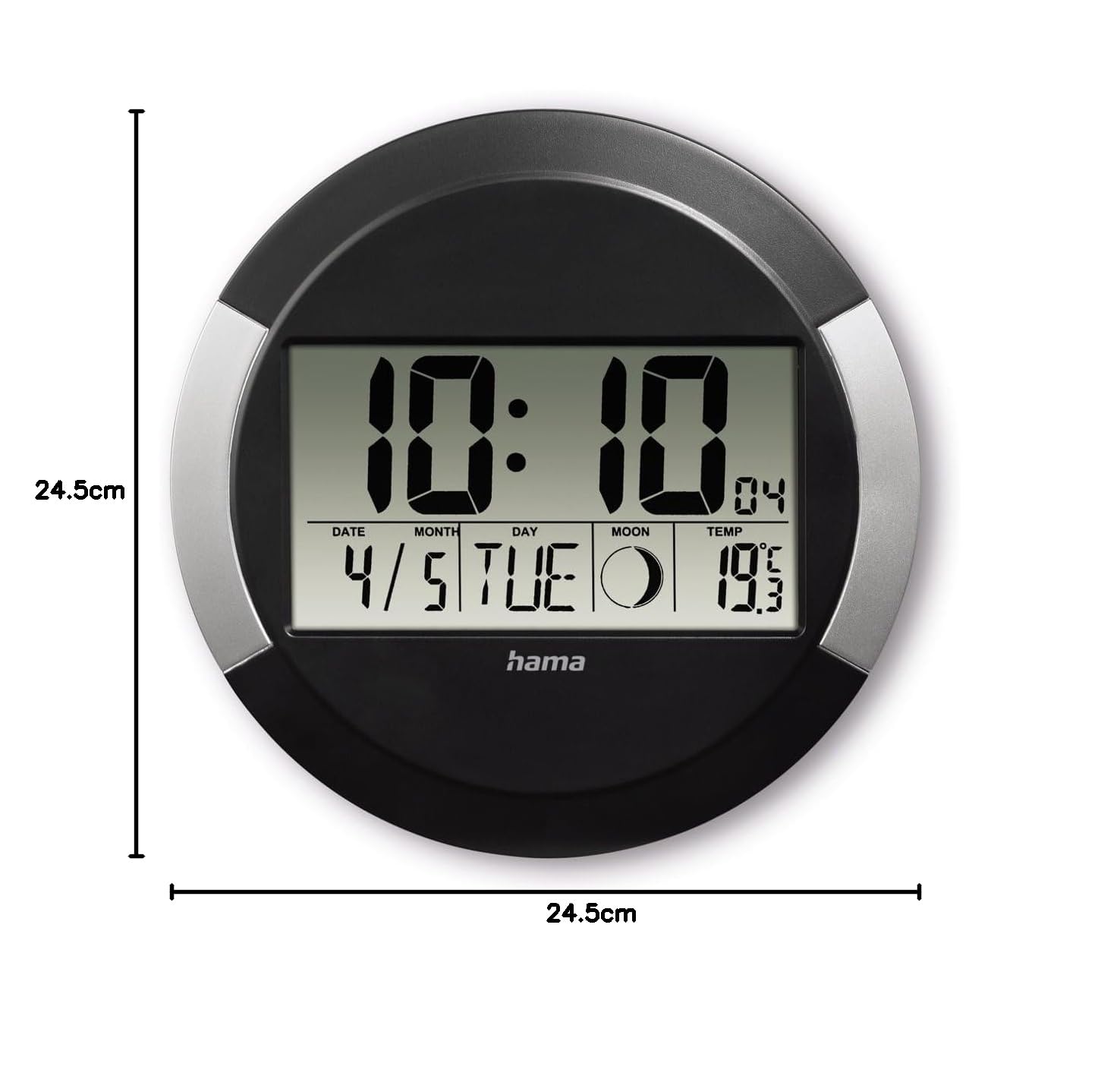 Hama | Reloj Digital Radio DCF Temperatura. (Fecha Lunar), Negro | Reloj pared y sobremesa. Hora automática DCF. Termómetro 0‑50°C. Fase lunar y fecha. Ajuste zona horaria. Silencioso.