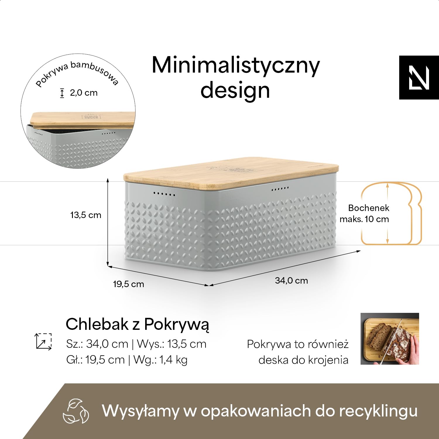 LARS NYSØM Chlebak z lnianym workiem na chleb dla długotrwałej świeżości I chlebak bambusowa pokrywka nadaje się jako deska do krojenia I 34x19,5x13,5cm (Pebble Gray)