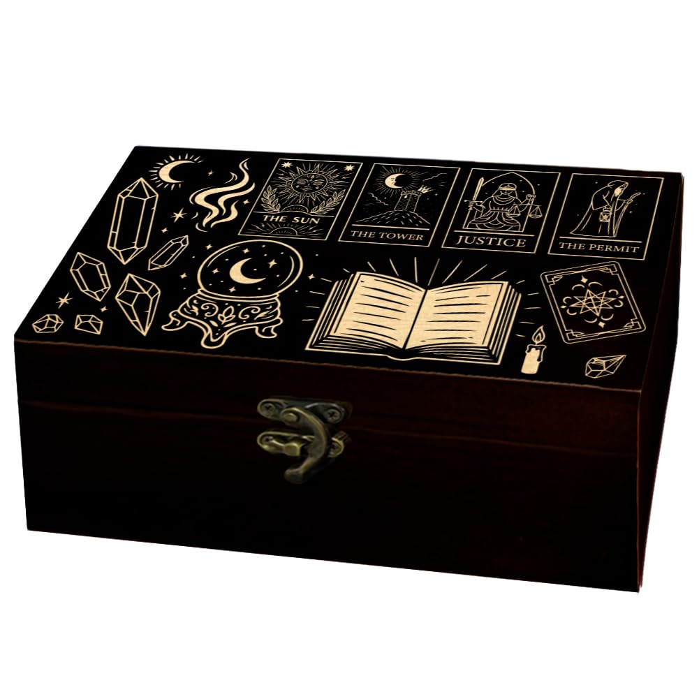 arricraft 1 Pc Wooden Memorial Storage Box, Sun Moon Crystal Tarot Cards Phase Carved Pattern Rectangle Souvenir Box for Anniversary Jewelry Picture Letter Storage (9.45x5.51x3.54 Inch)