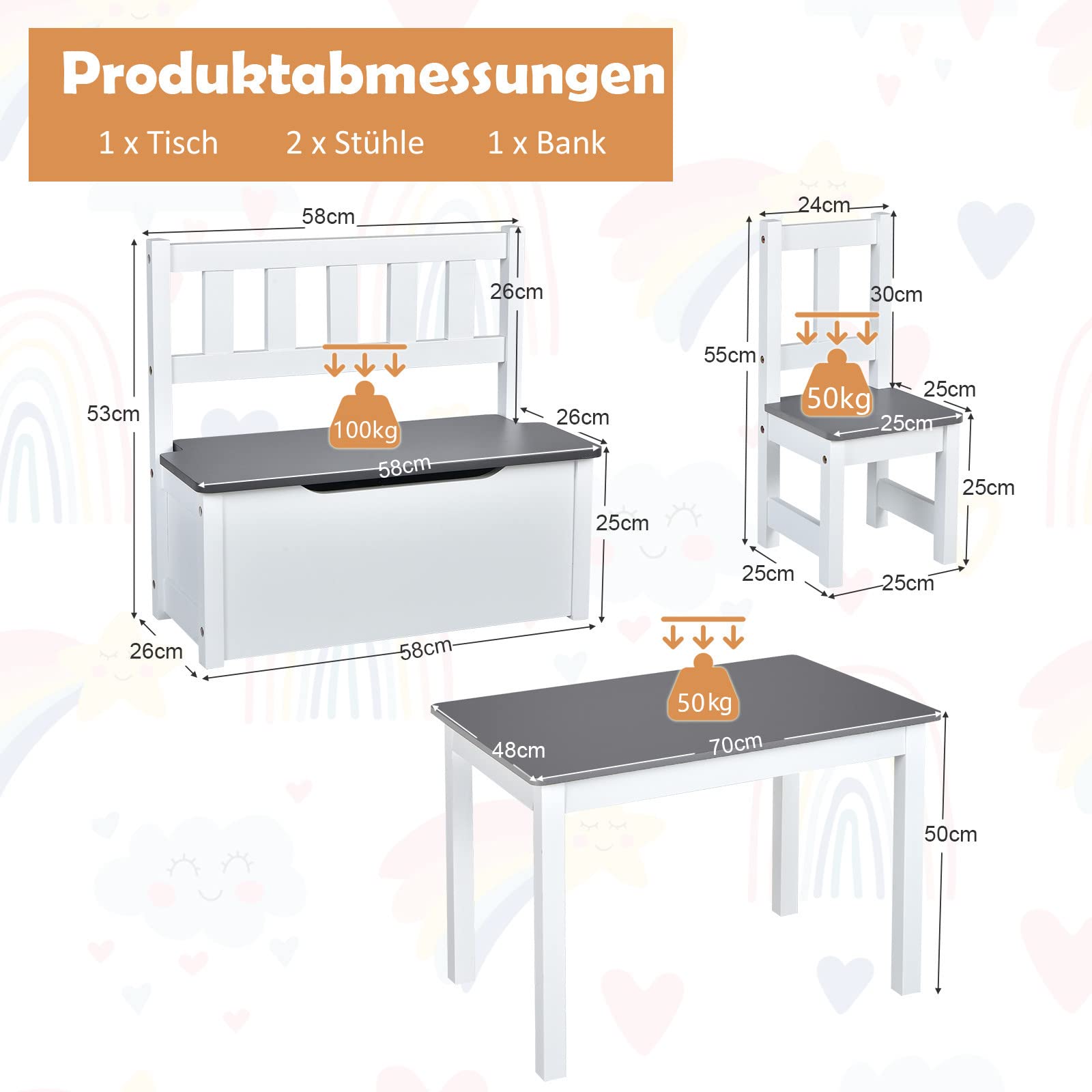 DREAMADE Kindertisch mit 2 Stühlen, Kindersitzgruppe mit 22L Strauraum, Kindertisch aus Holz, Kindertruhenbank Kindermöbelset Holzsitzgruppe für Kinderzimmer, Spielzimmer, Wohnzimmer (Grau)