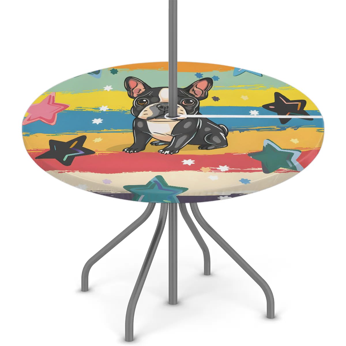 Tablerazzi Cute Dog Round Outdoor Tablecloth with Umbrella Hole and Zipper Puppy Cartoon Doggy Fitted Tablecloth Wipeable Table Cloth for Picnic Garden, 36''-44''