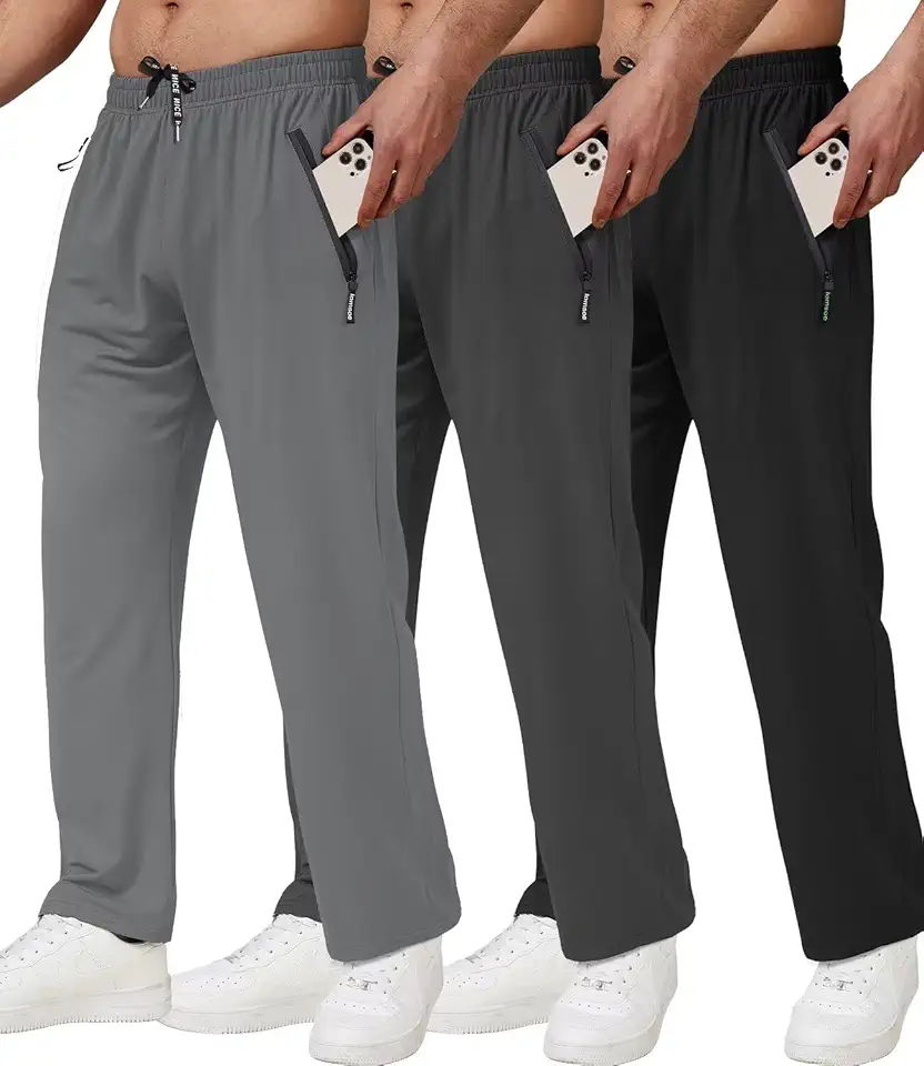 lomsoe 3 Pack Men's Athletic Pants with Zip Pockets, Lightweight, Quick Dry, Workout Sweat Pants
