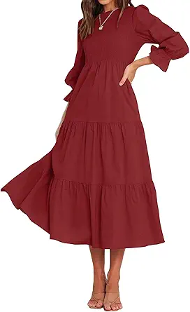 BTFBM Women Casual Long Sleeve Crew Neck Fall Dress Bohemian Relaxed Fit Floral Flowy Maxi Dresses Tiered Cocktail Dress