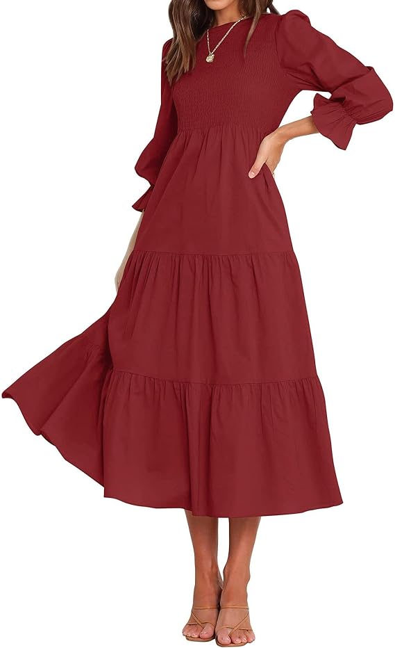 BTFBM Women Casual Long Sleeve Crew Neck Fall Dress Bohemian Relaxed Fit Floral Flowy Maxi Dresses Tiered Cocktail Dress