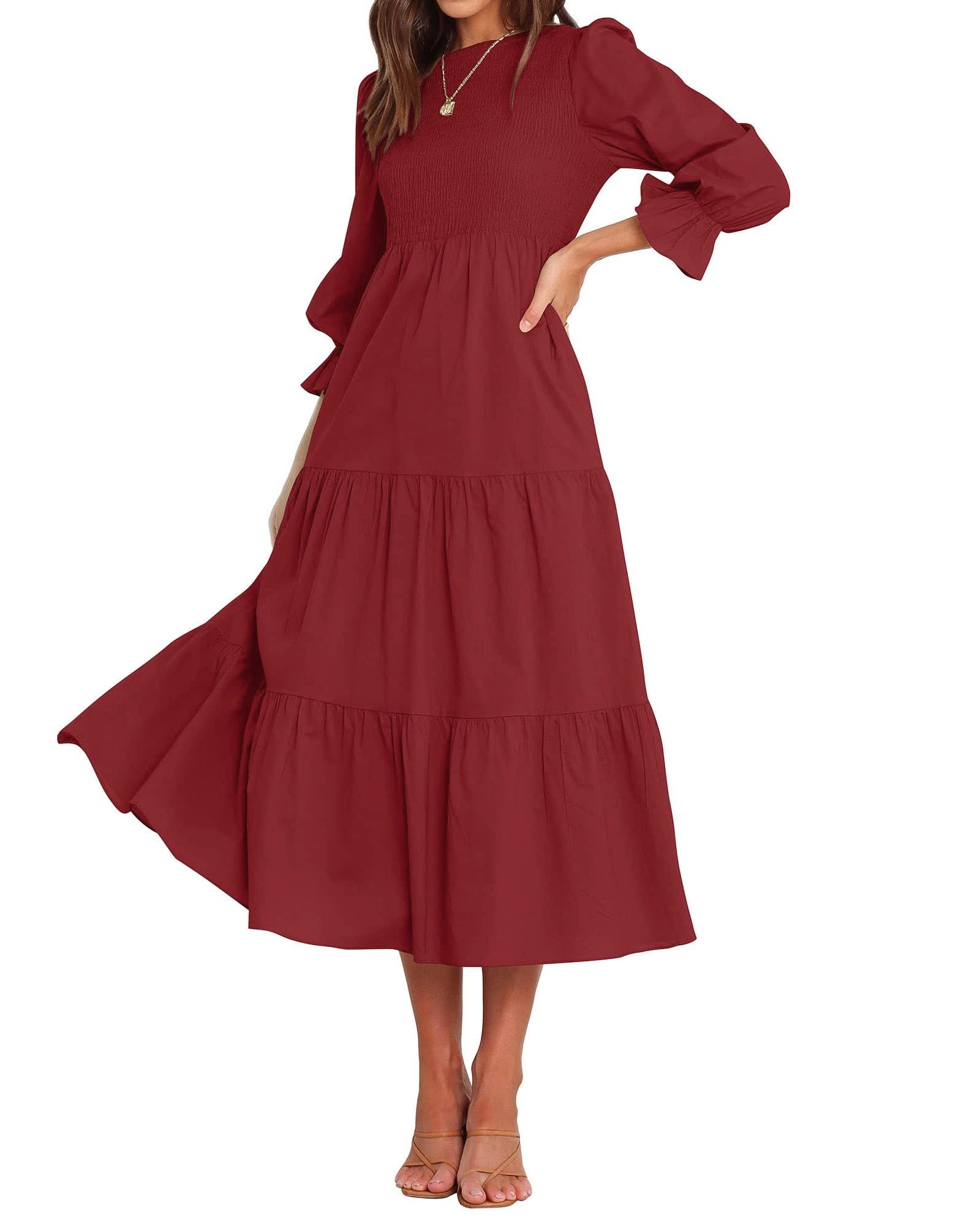 BTFBM Women Casual Long Sleeve Crew Neck Fall Dress Bohemian Relaxed Fit Floral Flowy Maxi Dresses Tiered Cocktail Dress