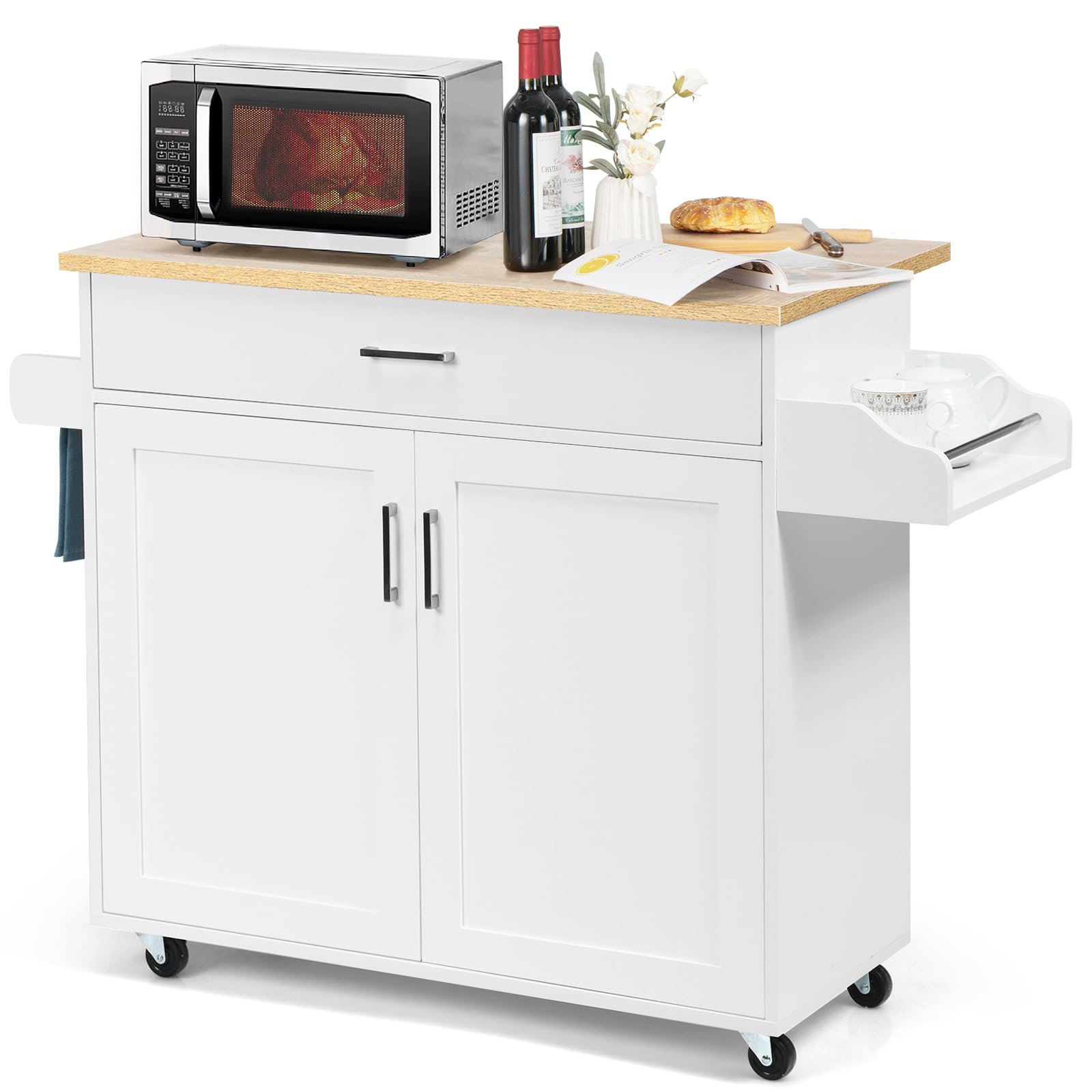 KOMFOTTEU Carrello da Cucina Ausiliario, Carrello di Servizio con Cassetto e Ripiano Regolabile, Isola da Cucina da Sala da Pranzo con Ruote Universali con Freni, in Legno, 116 x 40 x 85 cm, Bianco
