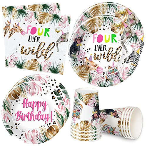 Safari Jungle Animal 4th Birthday Party Supplies Four Ever Wild Birthday Decorations Girl Plates Cups Napkins 4YearOld