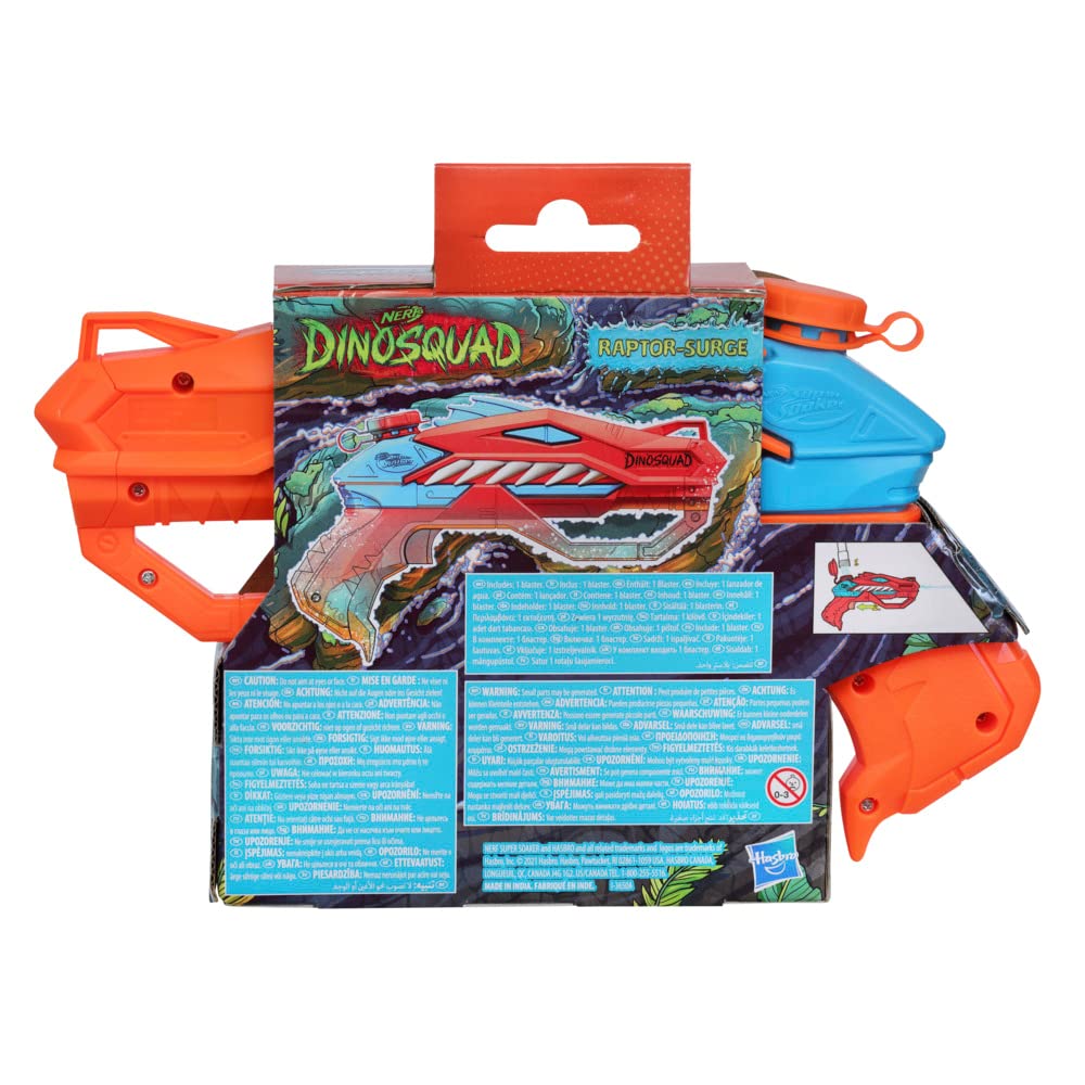Super Soaker Dinosquad Raptor-Surge Nerf Wyrzutnia Strzałek, Niebieski/Pomarańczowy, Od 6 lat