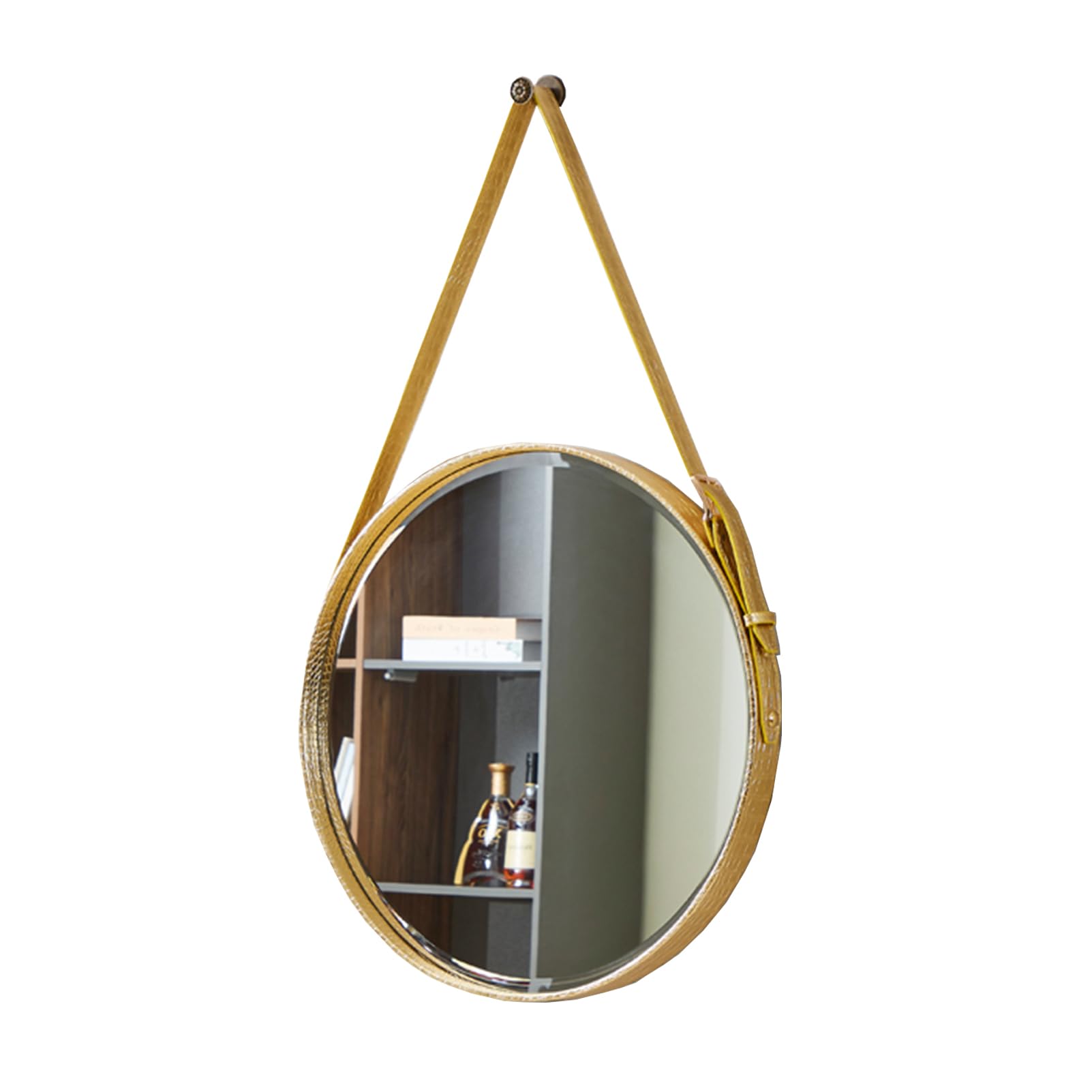 Specchio da Parete Specchio da comò Montato Vintage - Grande Specchio Rotondo Nero e Marrone con Cinturino in Pelle Finto Regolabile, Diametro di 50 cmGold,50cm