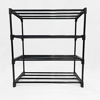 4 Tier Shoe Rack with Metal Rod Shelf, Folding for Bedroom, Living Room, Entryway, Black, Footwear Stand for Home, Shoe Ra... Price In India