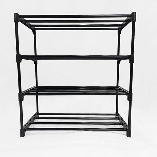 4 Tier Shoe Rack with Metal Rod Shelf, Folding for Bedroom, Living Room, Entryway, Black, Footwear Stand for Home, Shoe Ra...