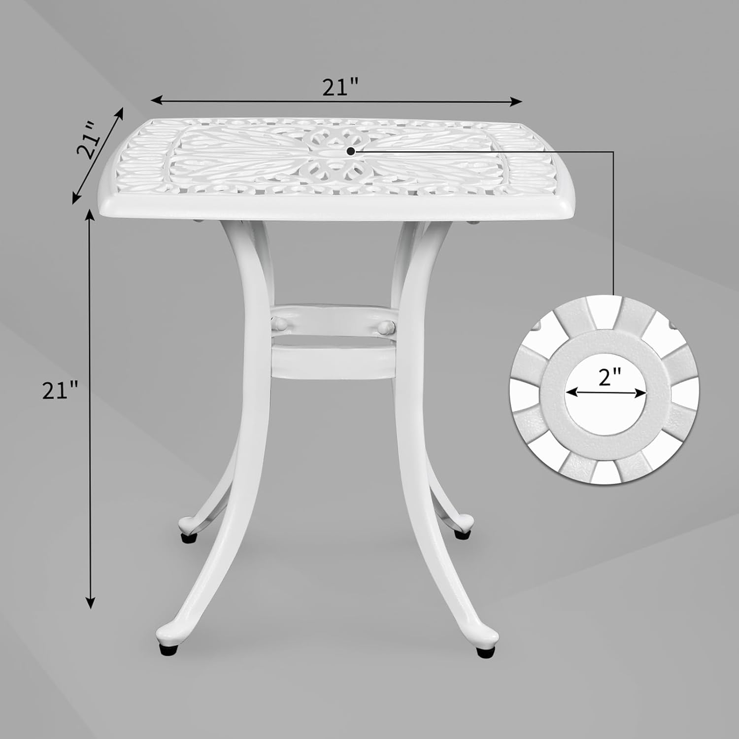 Square Patio Dining Table with Umbrella Hole,Retro Cast Aluminum Outdoor Coffee Table Bistro Table Openwork Floral Pattern End Side Table Cocktail Bar Table for Backyard, Garden, Pool, Porch,White