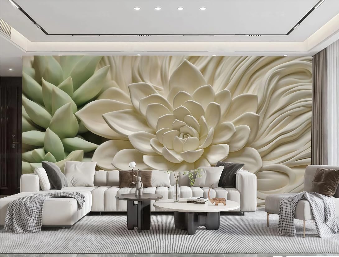 Papier peint 3D relief fleur et plante succulente blanche et verte pour salon 250x175 cm