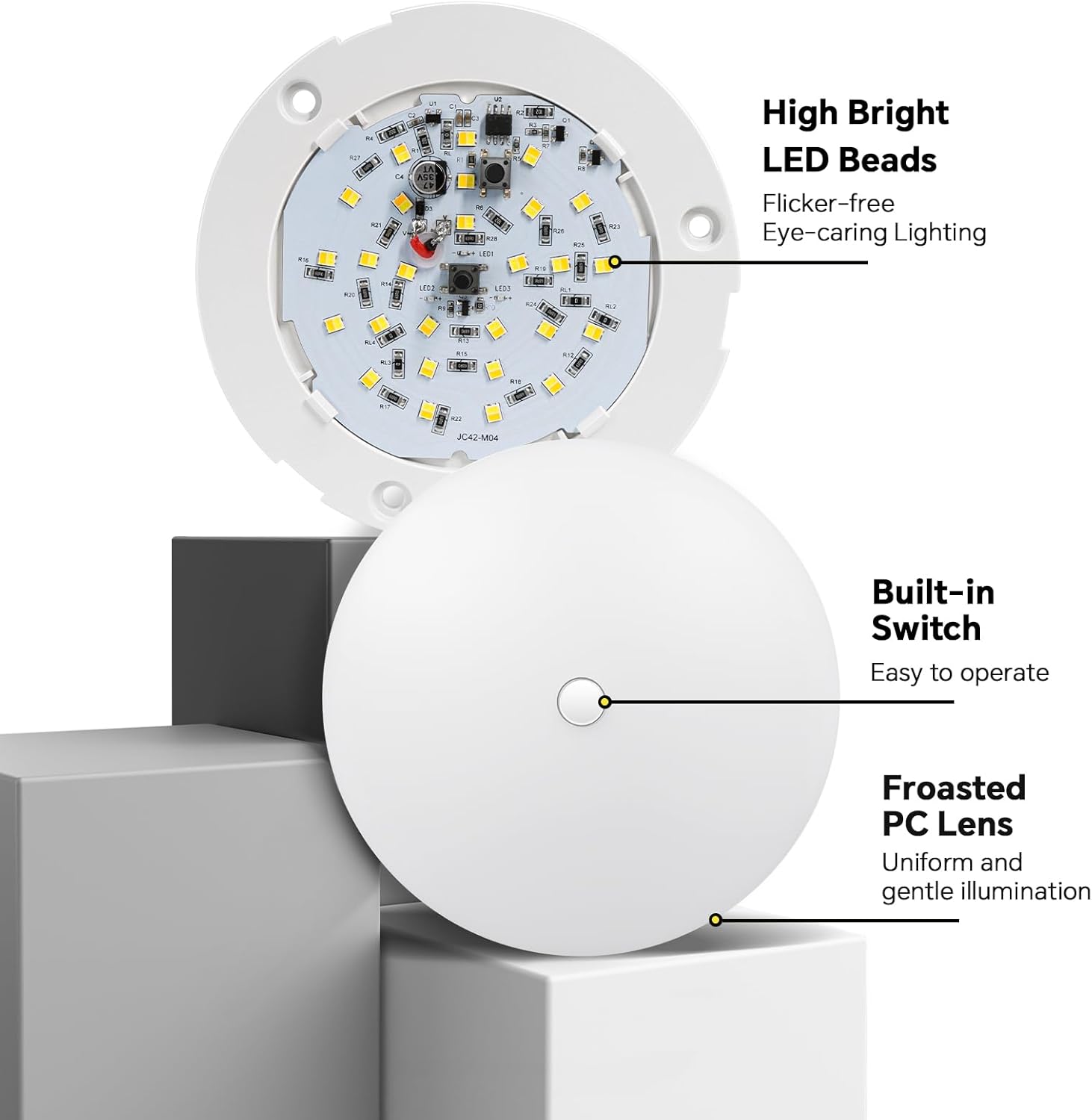 4.5'' 3CCT RV Interior Ceiling Lights 3000K/4500K/6000K Switchable with Blue Nightlight 12V RV LED Puck Light for Motorhome Camper Trailer Boat, Surface Mount w/Dimmer Switch (6 Pcs)