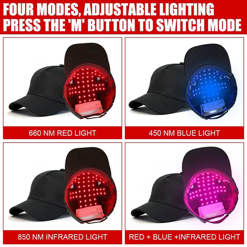 Rotlicht Haare LED Cap, 660nm+450nm+850nm Rotlichtlampe Haarwachstumskappe mit 4 Modi, Abnehmbarem Rotlicht Panel, Red Light Therapy Haare Anti-Haarausfall, Einstellbare Größe Cap für Männer/Frauen