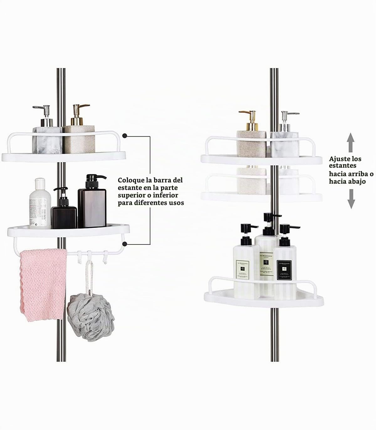 SONGMICS Estante de Baño Ajustable, Columna de Ducha Telescópica, 95-300 cm, de Suelo a Techo, con Marco de Acero Inoxidable, 4 Bandejas, 3 Ganchos, 1 Toallero, Blanco y Plateado BCB02SW