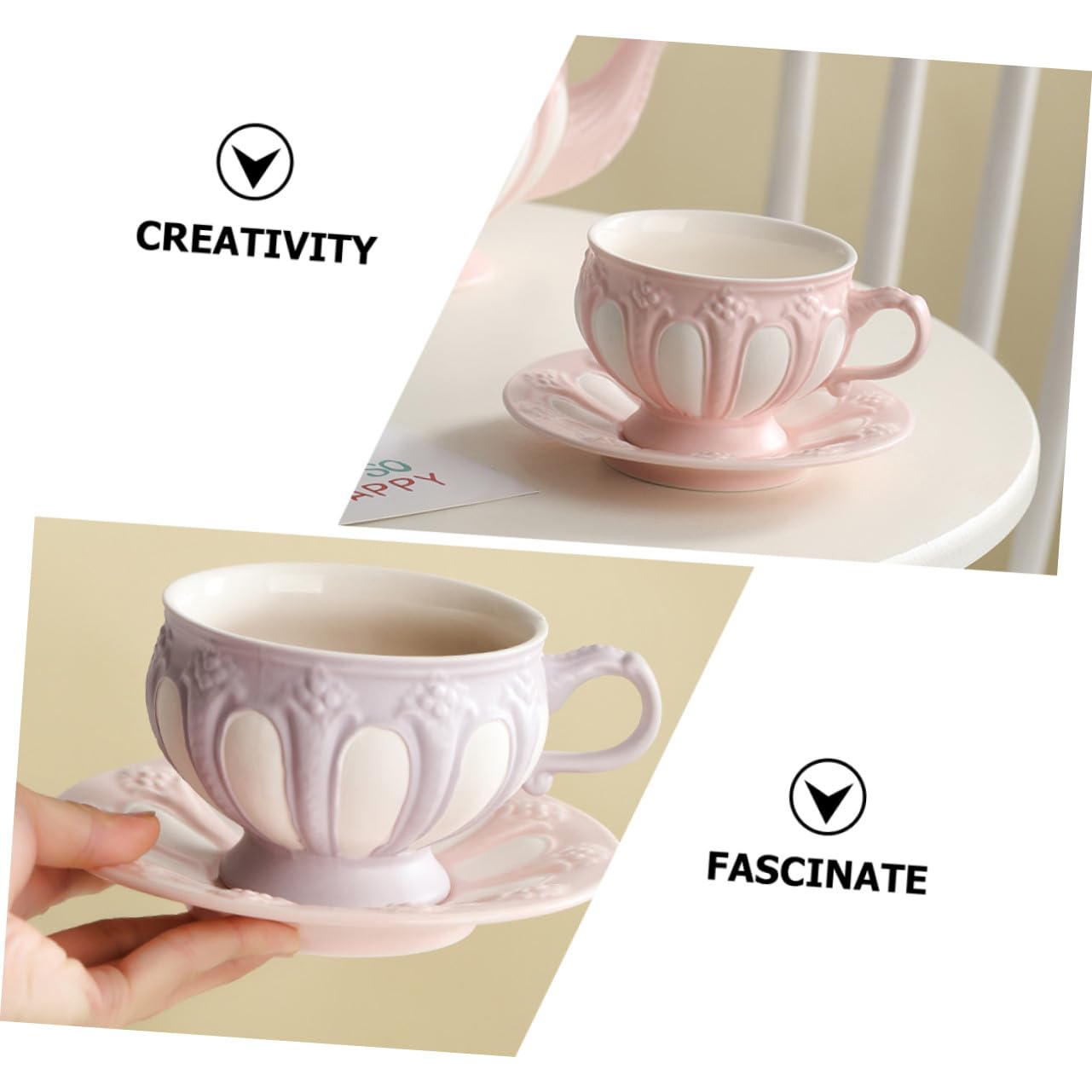 Europäisches Keramik Kaffeebecher mit Relief, 2 Stück Rosa | Ergonomischer Griff, 1, für Tee und Wein, Passend für Café und Dessertshop