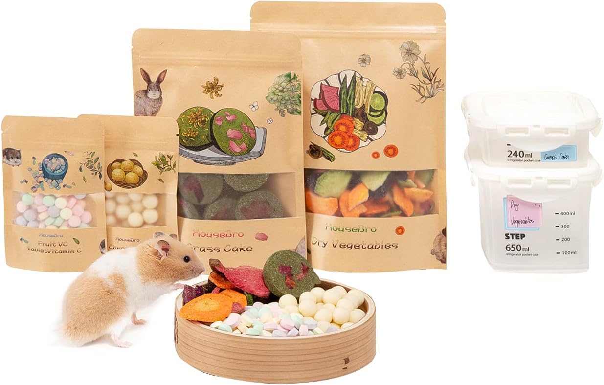 MouseBro Food Snacks Treats Combo for Hamsters,Gerbils, Guinea Pigs, Rabbits,etc Including Timothy Cake,VC Fruit Tablet,Cheese Balls,Dry…