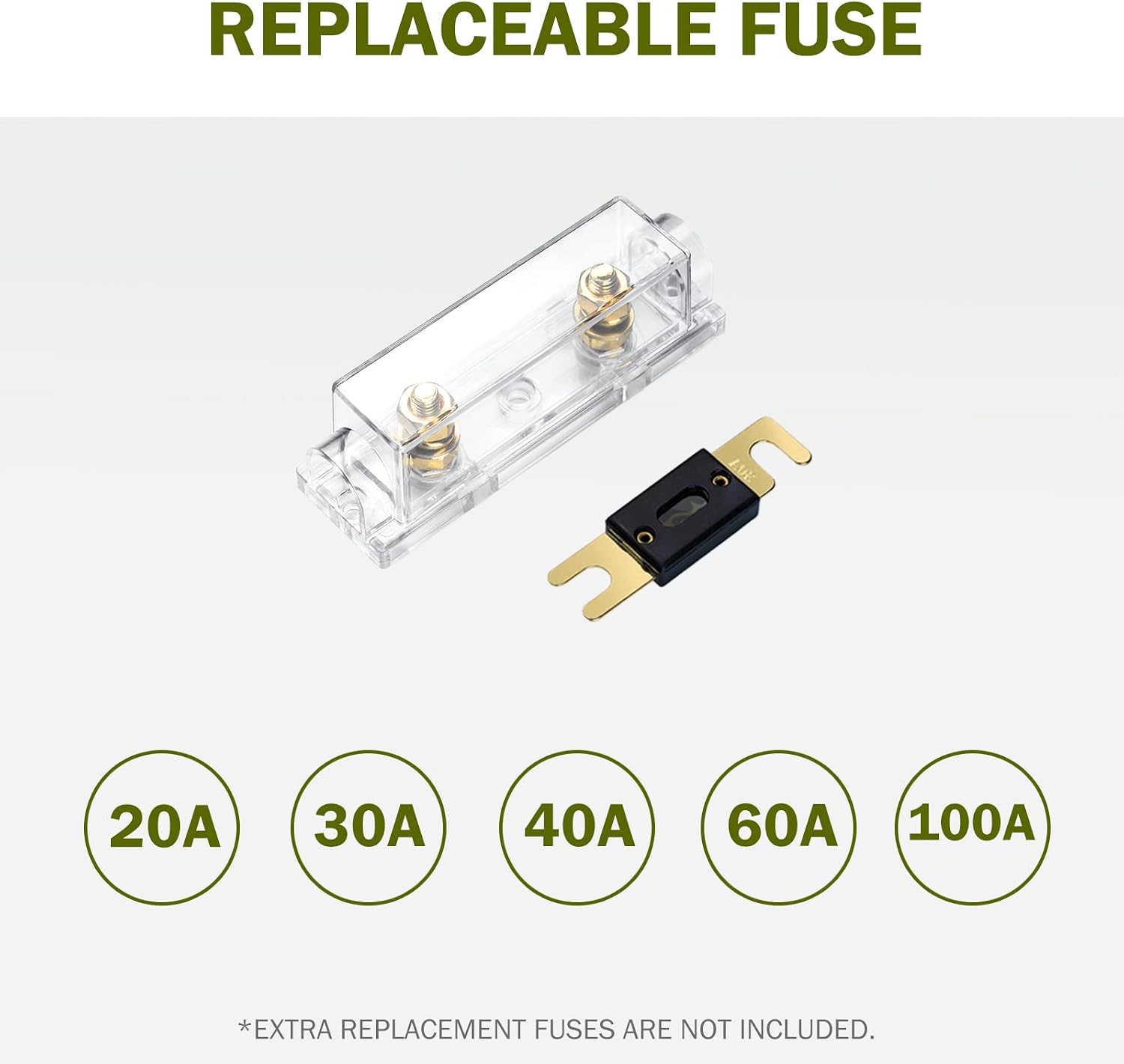 Image showing the transparent fuse holder and a separate ANL fuse, indicating it is replaceable and compatible with various amperages