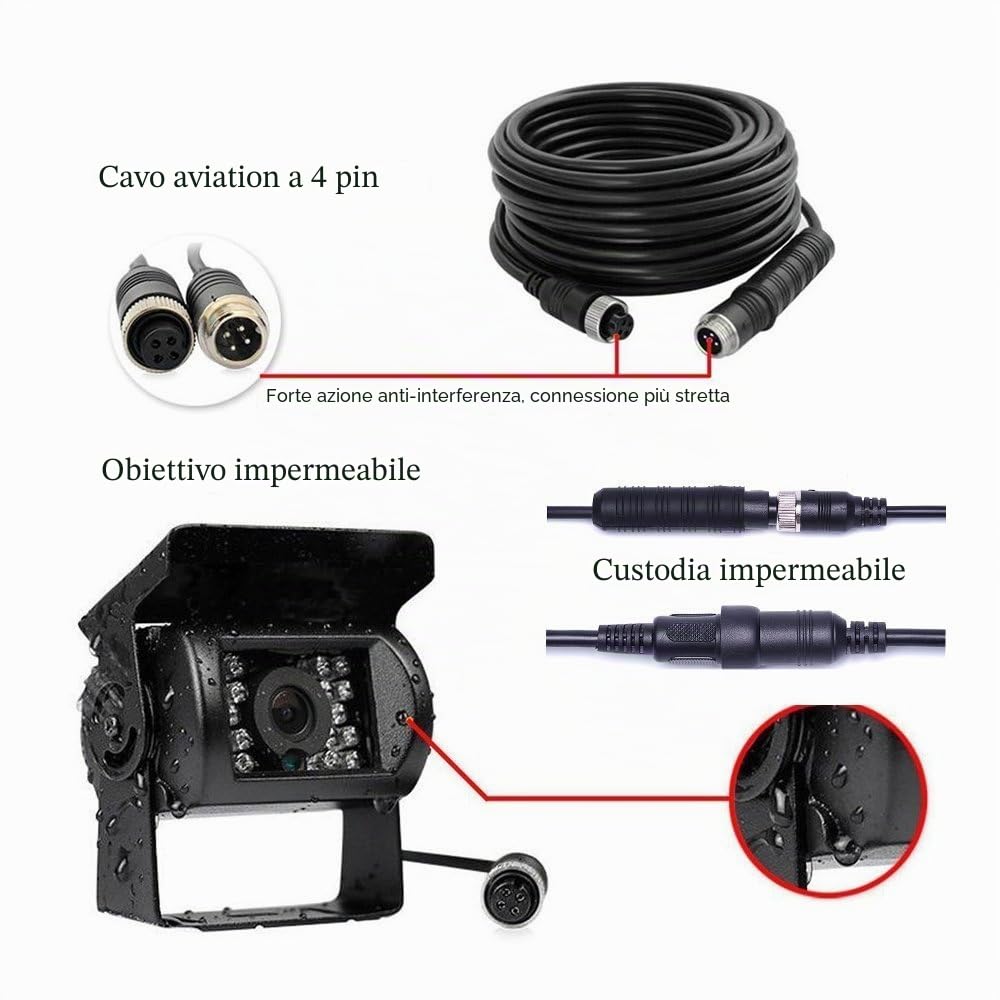 Telecamera Posteriore Camecho 4 pin 18 IR per visione notturna impermeabile Auto Fotografica+ 10 m cavo per Bus/camion/rimorchi/Caravan/camper Retromarcia Fotocamera 12V-24V
