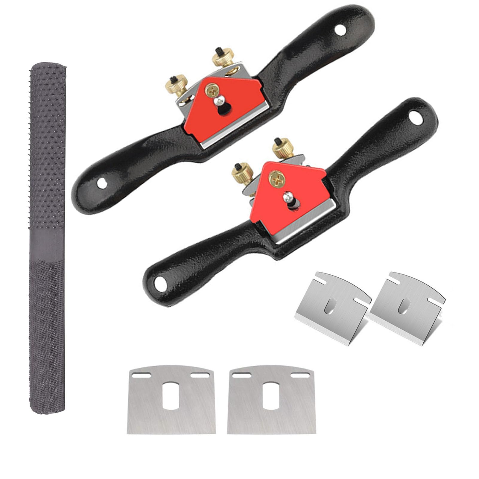 Adjustable Spokeshave Set 2pcs with 4 Metal Blades, 4-Way Wood Rasp File & Manual Planer – Perfect for Planing, Trimming, Carving, and Deburring in